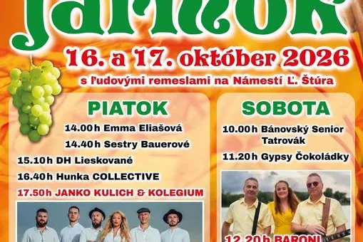 Tradičný Bánovský jarmok 2026 sa uskutoční 16. a 17. októbra na Námestí Ľ. Štúra v Bánovciach nad Bebravou a prinesie remeslá, koncerty a tombolu.