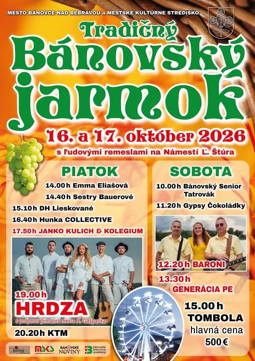 Tradičný Bánovský jarmok 2026 sa uskutoční 16. a 17. októbra na Námestí Ľ. Štúra v Bánovciach nad Bebravou a prinesie remeslá, koncerty a tombolu.