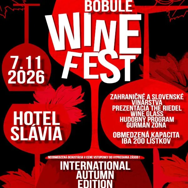 Plagát vinárskeho festivalu Bobule Wine Fest International Autumn Edition, ktorý sa uskutoční 7. novembra 2026 v Hoteli Slávia v Košiciach.
