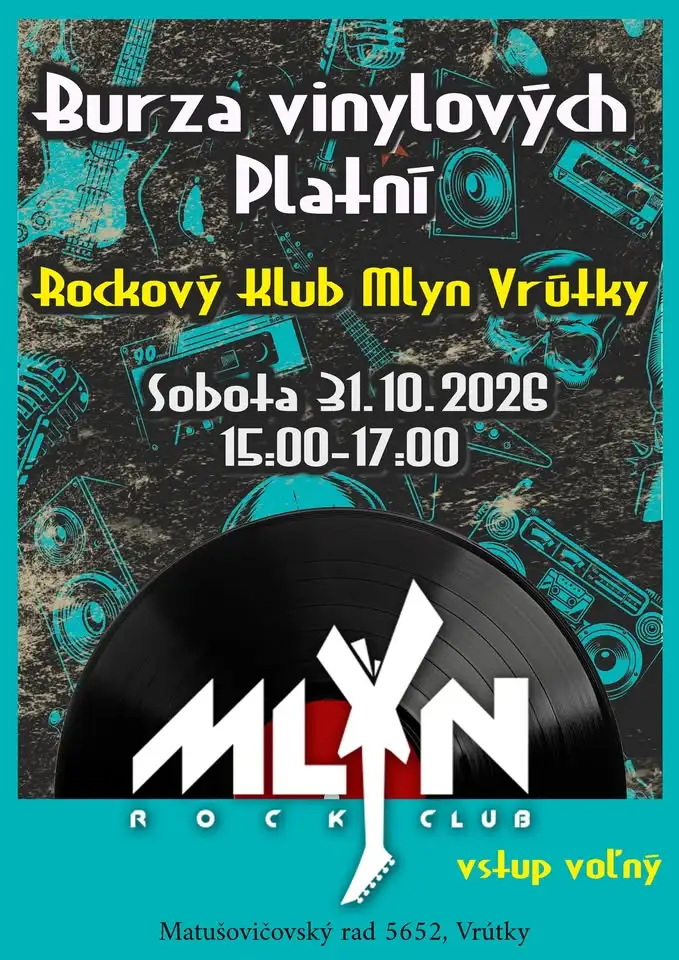 Plagát Burzy LP platní vo Vrútkach, ktorá sa uskutoční 31. októbra 2026 v Rock Clube Mlyn a ponúkne predaj vinylových platní a CD nosičov.