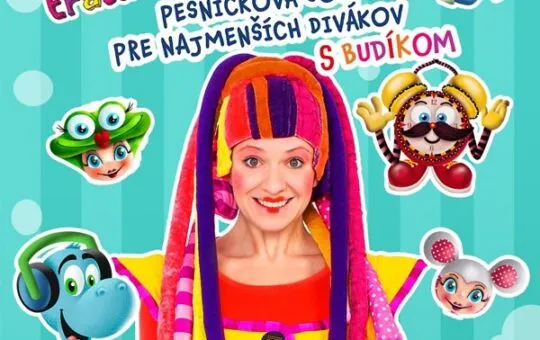 Plagát detského predstavenia FÍHA Tralala: Pesničková šou s Budíkom s obľúbeným škriatkom FÍHA a rozprávkovými postavičkami.