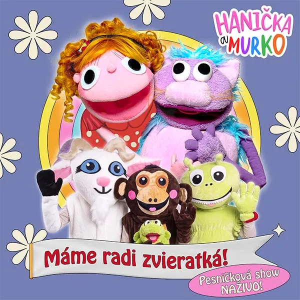 Plagát detského predstavenia Hanička a Murko: Máme radi zvieratká!, ktoré sa uskutoční 25. októbra 2026 v Kultúrnom dome v Krásne nad Kysucou.