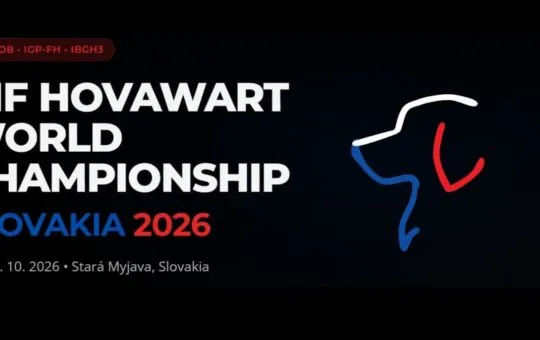 Oficiálny plagát Majstrovstiev sveta hovawartov IHF 2026, ktoré sa uskutočnia od 22. do 25. októbra 2026 v Starej Myjave na Slovensku.