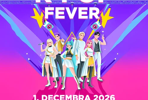 Plagát hudobno-tanečnej show K-POP Fever, ktorá sa uskutoční 1. decembra 2026 v PEUGEOT Aréne v Bratislave a prinesie atmosféru kórejskej popovej hudby.
