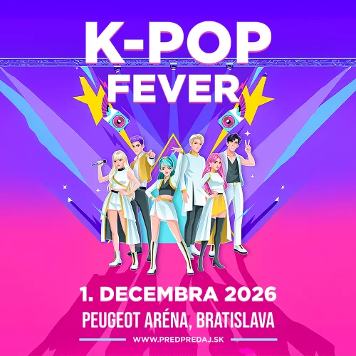 Plagát hudobno-tanečnej show K-POP Fever, ktorá sa uskutoční 1. decembra 2026 v PEUGEOT Aréne v Bratislave a prinesie atmosféru kórejskej popovej hudby.