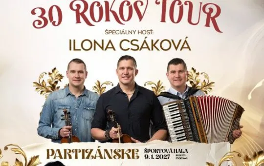 Plagát výročného turné Kollárovci – 30 rokov TOUR 2027 so špeciálnou hostkou Ilonou Csákovou a koncertmi v Partizánskom, Leviciach, Poprade a Čadci.