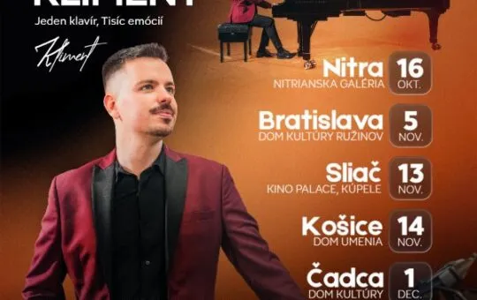 Plagát koncertného turné Henriho Klimenta Jeden klavír, tisíc emócií 2026 s termínom 13. novembra v Sliači a ďalšími vystúpeniami v Košiciach, Čadci a Piešťanoch.