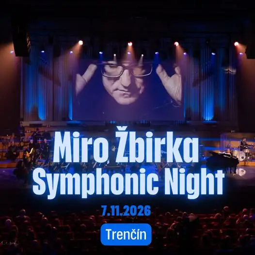 Plagát koncertu Miro Žbirka Symphonic Night, ktorý sa uskutoční 7. novembra 2026 v KKC Hviezda v Trenčíne a prinesie symfonické verzie Mekyho hitov.
