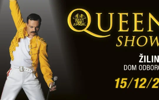 Plagát koncertu QUEENSHOW, ktorý sa uskutoční 15. decembra 2026 v Dome odborov v Žiline, s interpretom v ikonickom žltom kostýme Freddieho Mercuryho.