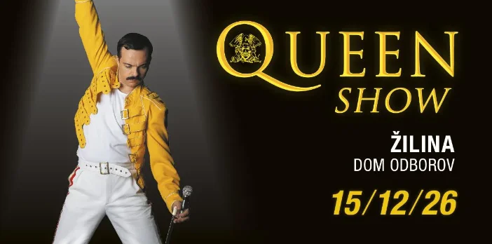 Plagát koncertu QUEENSHOW, ktorý sa uskutoční 15. decembra 2026 v Dome odborov v Žiline, s interpretom v ikonickom žltom kostýme Freddieho Mercuryho.