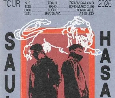 Plagát koncertného turné Saul & Hasan Od nekonečna do dávna 2026 s vystúpením 13. novembra v Bratislave a ďalšími koncertmi v Prahe, Brne a Košiciach.