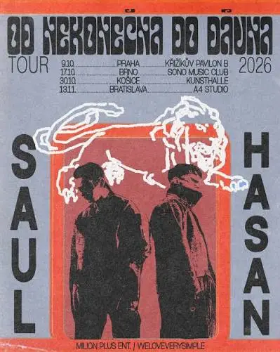 Plagát koncertného turné Saul & Hasan Od nekonečna do dávna 2026 s vystúpením 13. novembra v Bratislave a ďalšími koncertmi v Prahe, Brne a Košiciach.