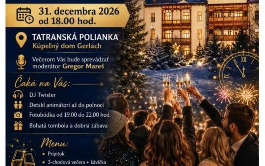 Plagát Silvestra 2026 v Kúpeľnom dome Gerlach v Tatranskej Polianke s programom, DJ Twisterom, moderátorom Gregorom Marešom a slávnostnou oslavou nového roka.