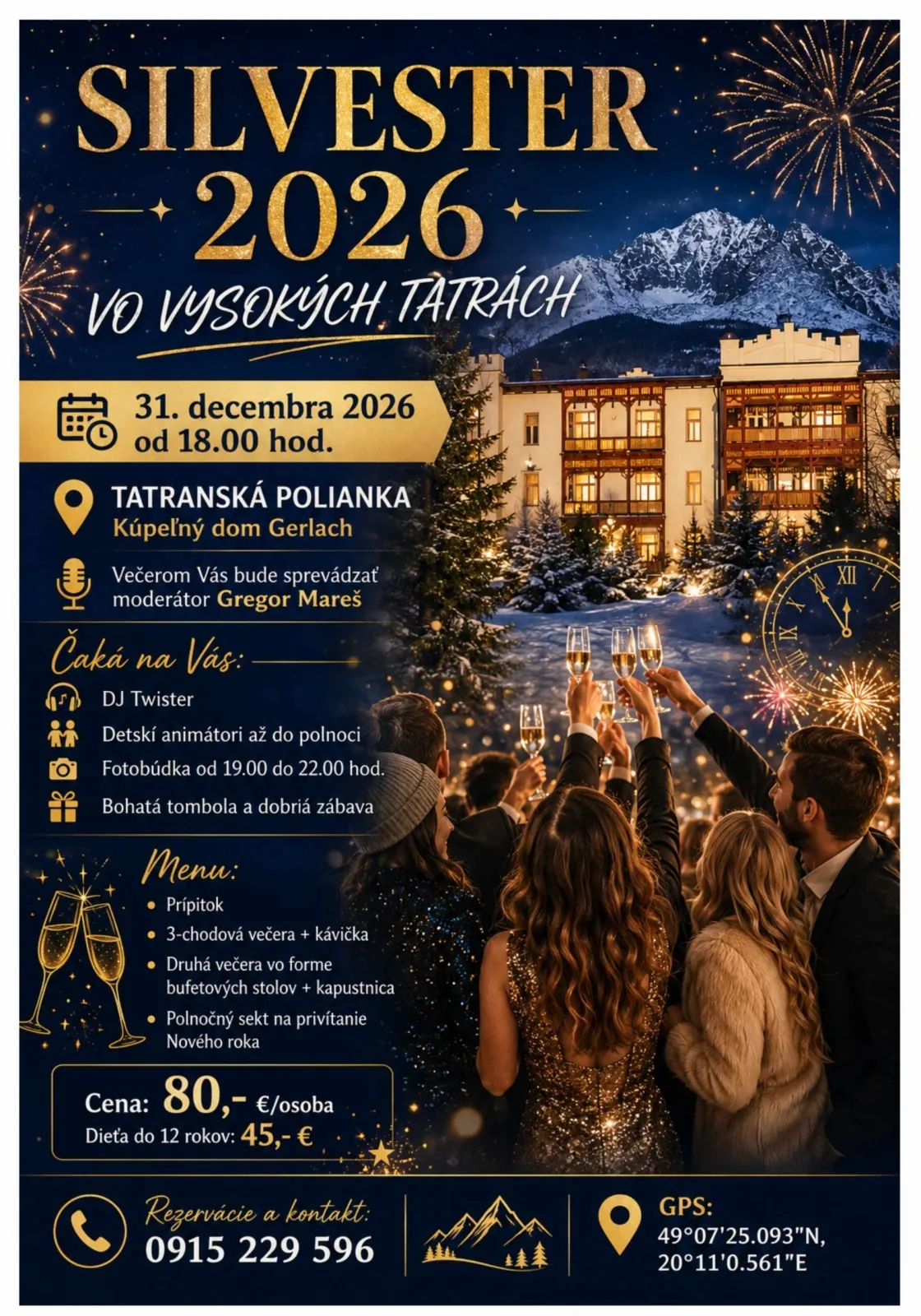 Plagát Silvestra 2026 v Kúpeľnom dome Gerlach v Tatranskej Polianke s programom, DJ Twisterom, moderátorom Gregorom Marešom a slávnostnou oslavou nového roka.