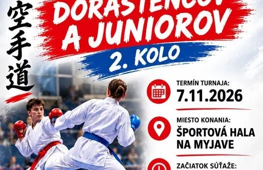 Plagát 2. kola Slovenského pohára dorastencov a juniorov v karate, ktoré sa uskutoční 7. novembra 2026 v Mestskej športovej hale na Myjave.