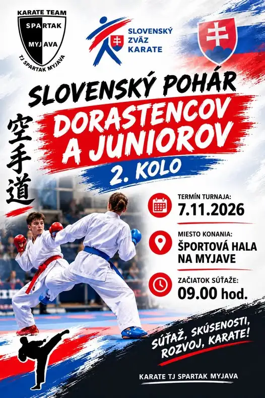 Plagát 2. kola Slovenského pohára dorastencov a juniorov v karate, ktoré sa uskutoční 7. novembra 2026 v Mestskej športovej hale na Myjave.