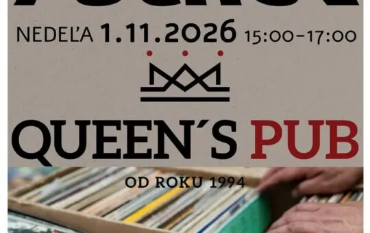 Plagát na Burzu LP platní v Púchove, ktorá sa uskutoční 1. novembra 2026 v Queen’s Pub na Hollého ulici a ponúkne vinylové platne a CD nosiče.