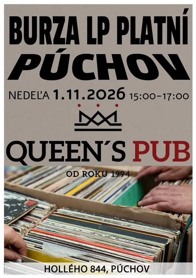 Plagát na Burzu LP platní v Púchove, ktorá sa uskutoční 1. novembra 2026 v Queen’s Pub na Hollého ulici a ponúkne vinylové platne a CD nosiče.