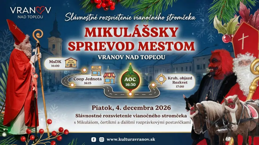 Plagát Mikulášskeho sprievodu mestom Vranov nad Topľou, ktorý sa uskutoční 4. decembra 2026 so začiatkom o 16:00 a slávnostným rozsvietením vianočného stromčeka.