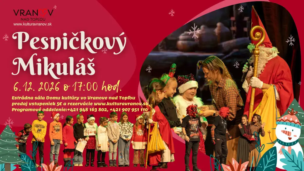 Plagát detského predstavenia Pesničkový Mikuláš, ktoré sa uskutoční 6. decembra 2026 o 17:00 v Dome kultúry vo Vranove nad Topľou.