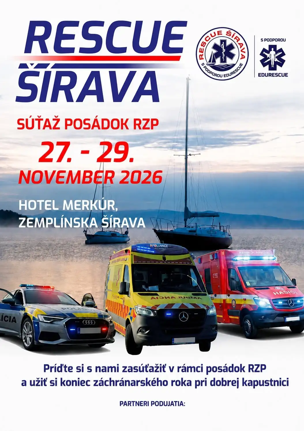 Plagát podujatia Rescue Šírava 2026 s policajným, záchranárskym a hasičským vozidlom, ktoré sa uskutoční 27. až 29. novembra v Hoteli Merkúr na Zemplínskej šírave.