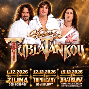 Plagát koncertného turné Vianoce s Tublatankou 2026 s vystúpeniami 1. decembra v Žiline, 12. decembra v Topoľčanoch a 15. decembra v Bratislave.